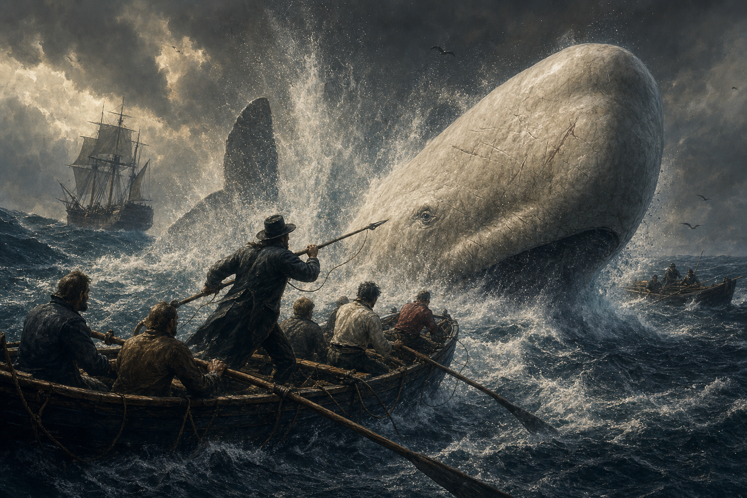 The final chase of a massive white whale and small whaleboats in violent waves with the Pequod in the distance
