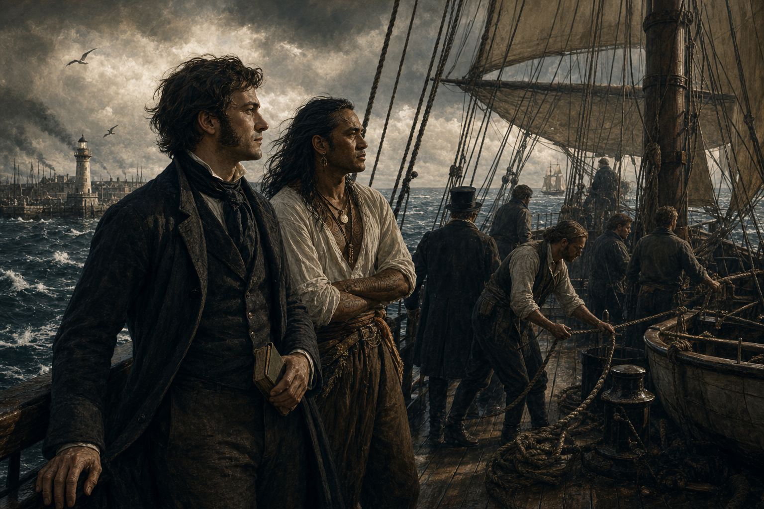 Ishmael and Queequeg aboard the Pequod as the whaling ship leaves harbor for the open sea