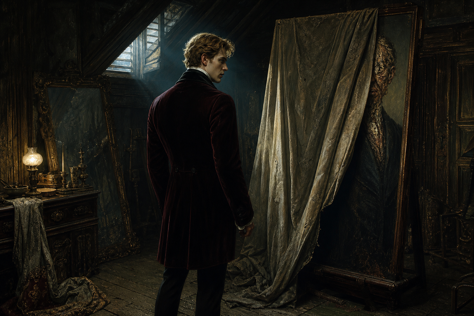 Dorian Gray facing the corrupted portrait in the locked room as a study-guide image