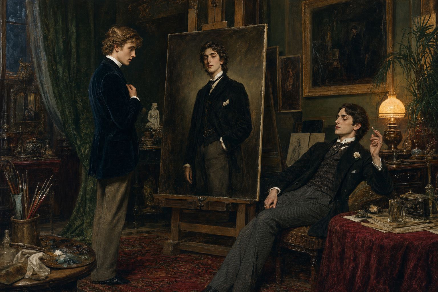 Basil Hallward's studio with young Dorian Gray facing his finished portrait while Lord Henry watches from a chair
