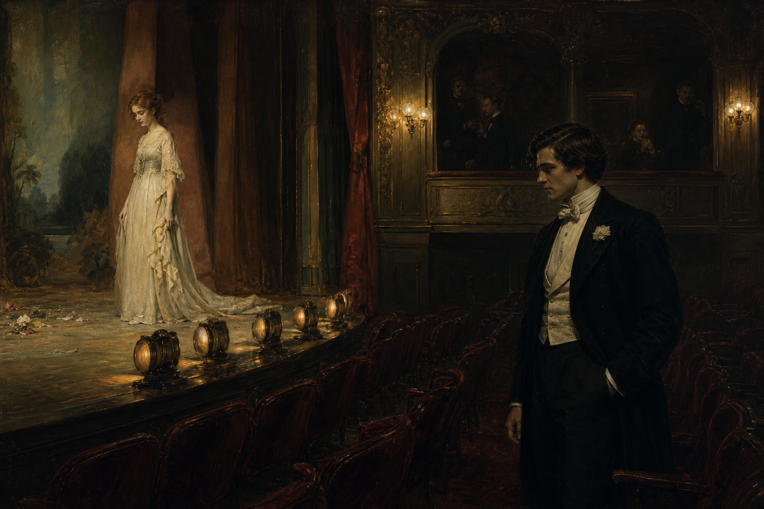 Sybil Vane alone on a dim Victorian stage while Dorian Gray watches coldly from the shadowed theatre aisle