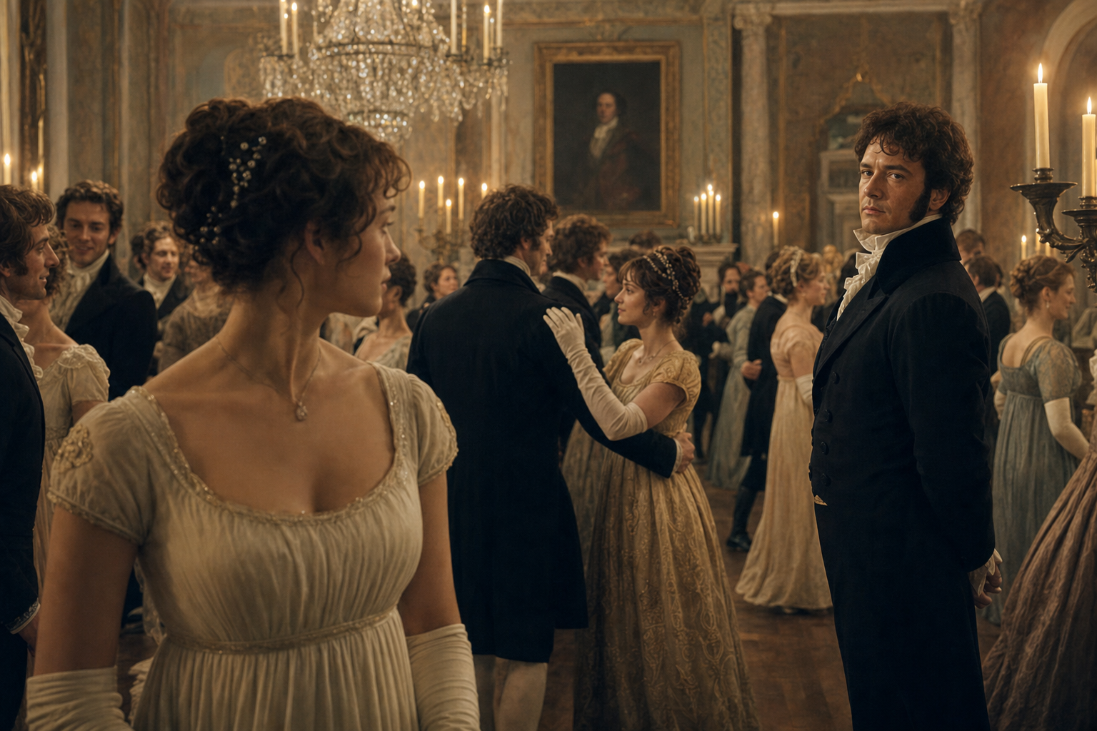 Elizabeth Bennet noticing Mr. Darcy standing apart with proud reserve in a candlelit Regency assembly room