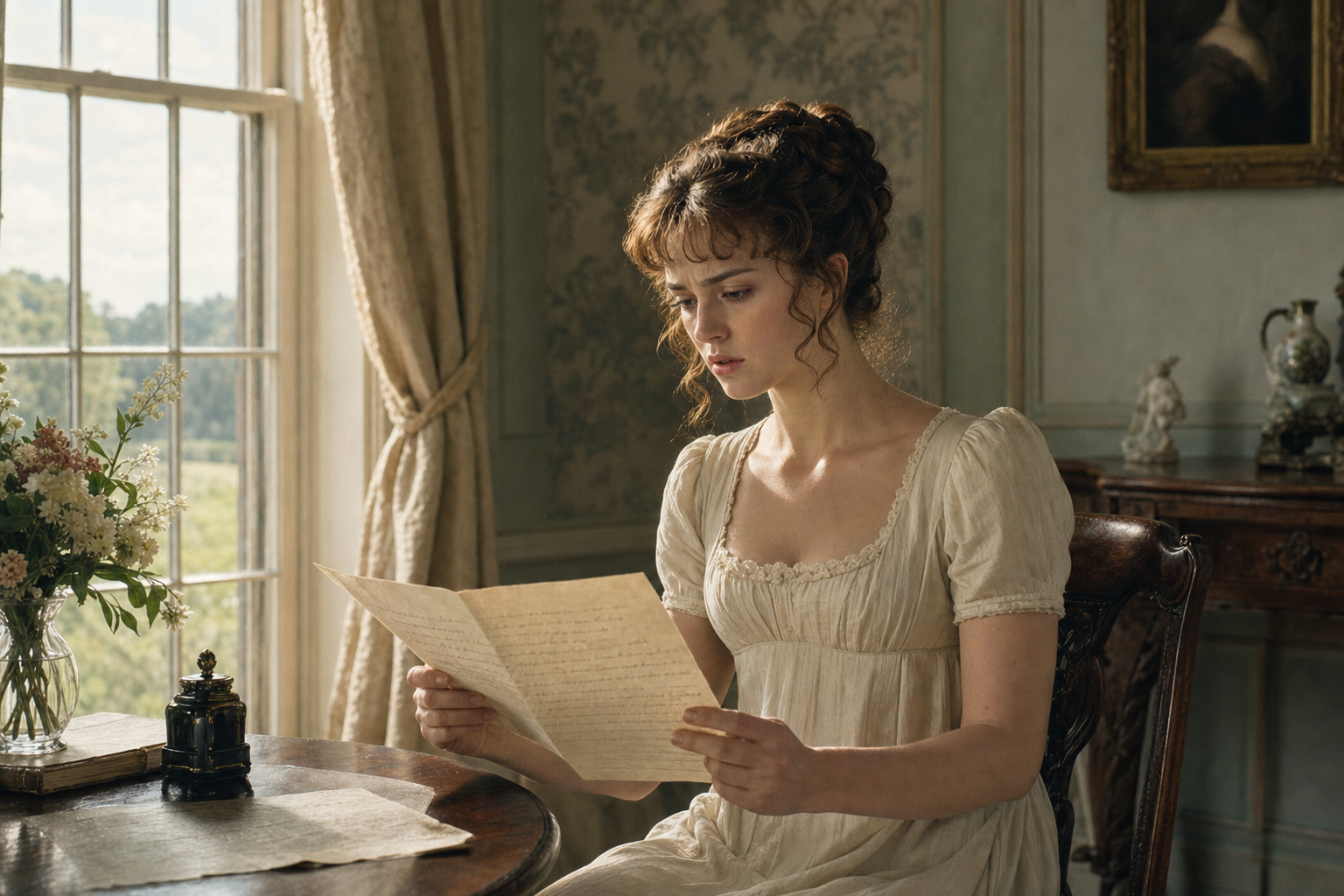 Elizabeth Bennet reading Darcy's long letter in a quiet room as morning light falls on the page