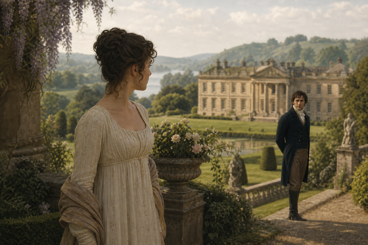 Elizabeth Bennet visiting the Pemberley estate gardens while Darcy stands respectfully at a distance
