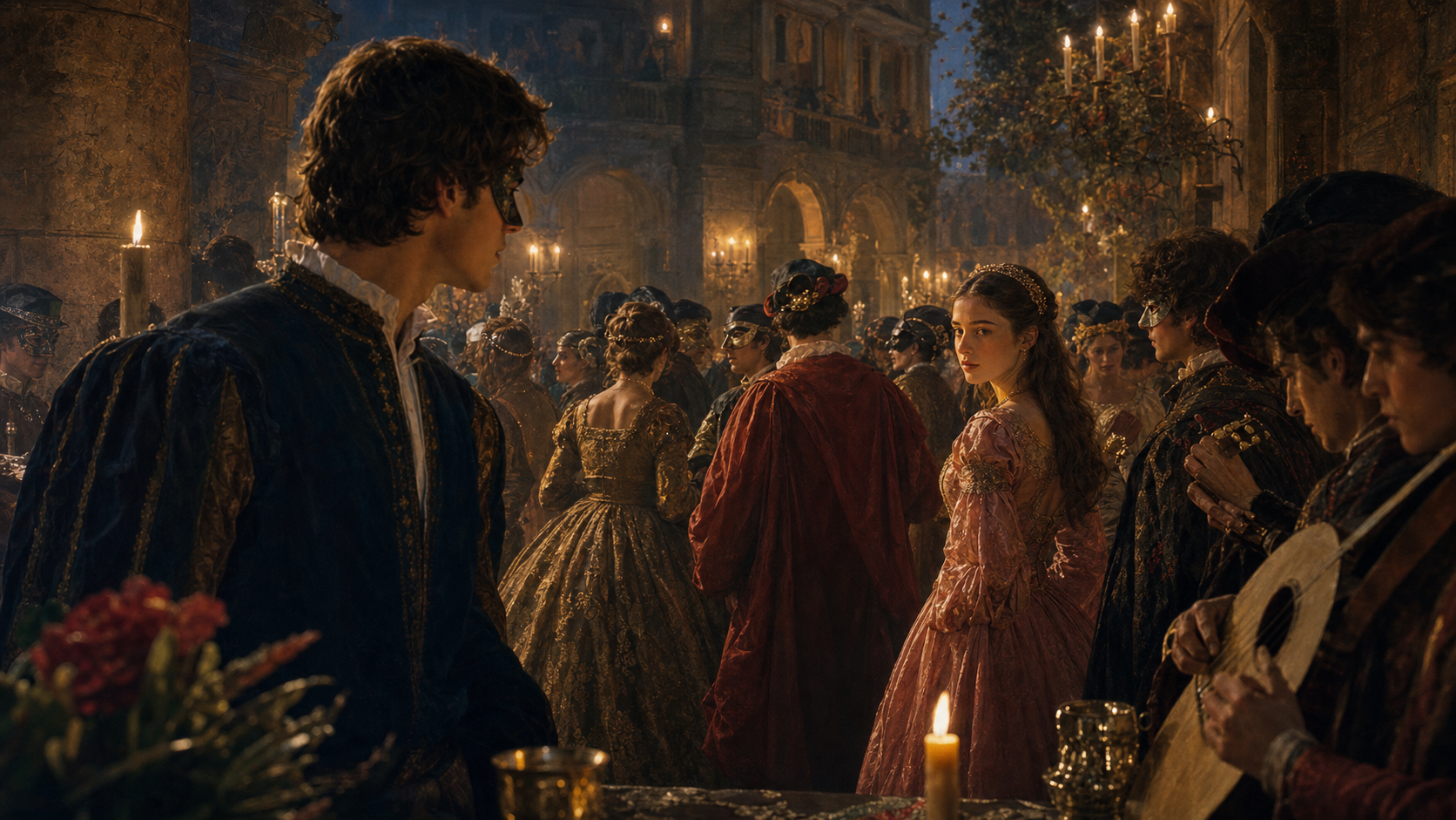 Romeo first seeing Juliet across the candlelit Capulet feast, surrounded by masked guests and musicians