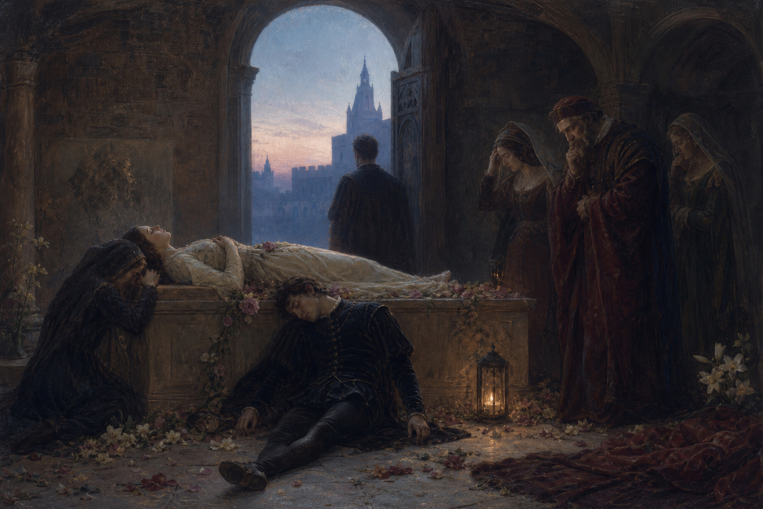 The Capulet tomb at dawn after the deaths of Romeo and Juliet, with grieving families in the stone crypt