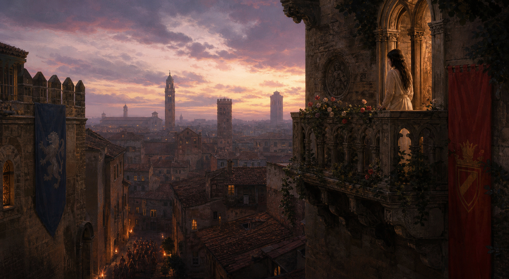 Renaissance Verona at dusk with Juliet on a balcony and rival house colors visible across the city