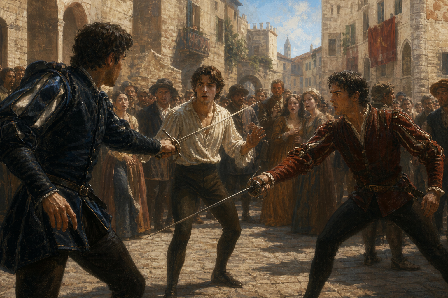 Mercutio and Tybalt's fatal street duel in Verona as a study-guide image for Romeo and Juliet