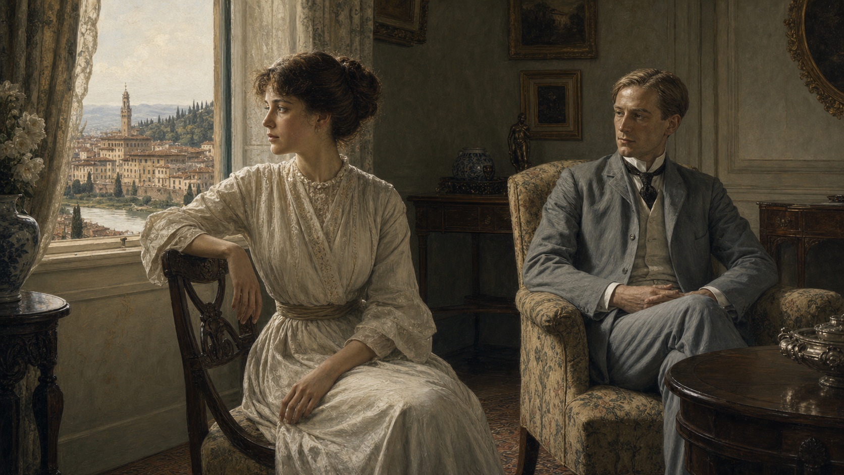 Lucy Honeychurch in an English drawing room with Cecil Vyse, caught between social refinement and the outside world