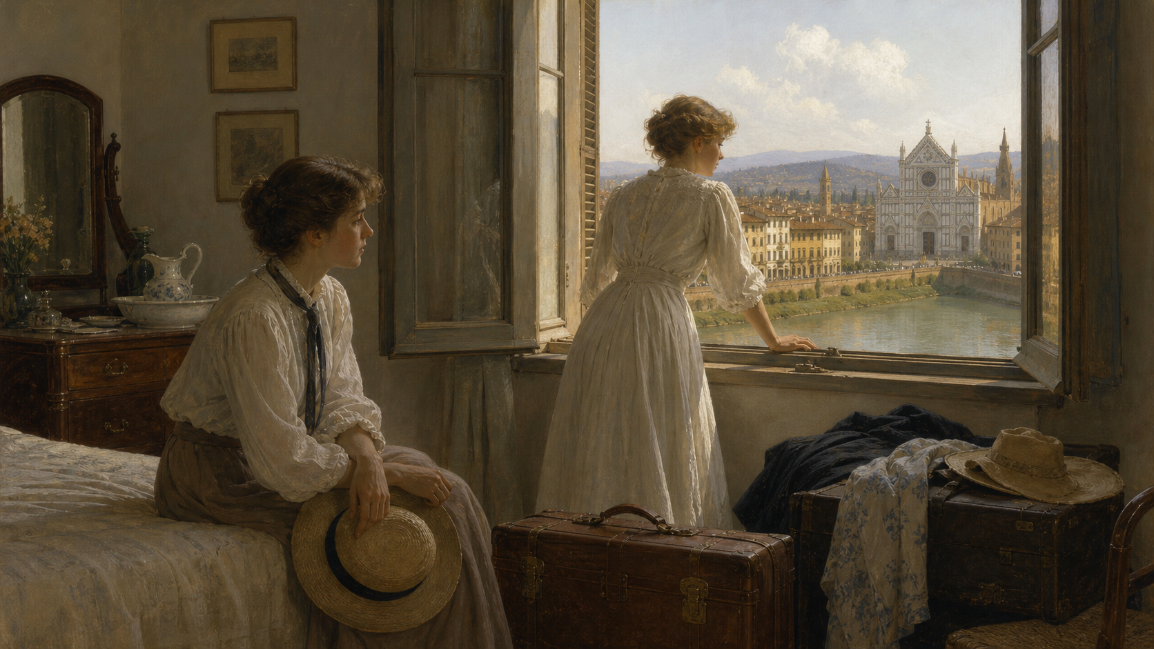 Lucy Honeychurch and Charlotte Bartlett opening shutters in a Florence pension room toward the city view