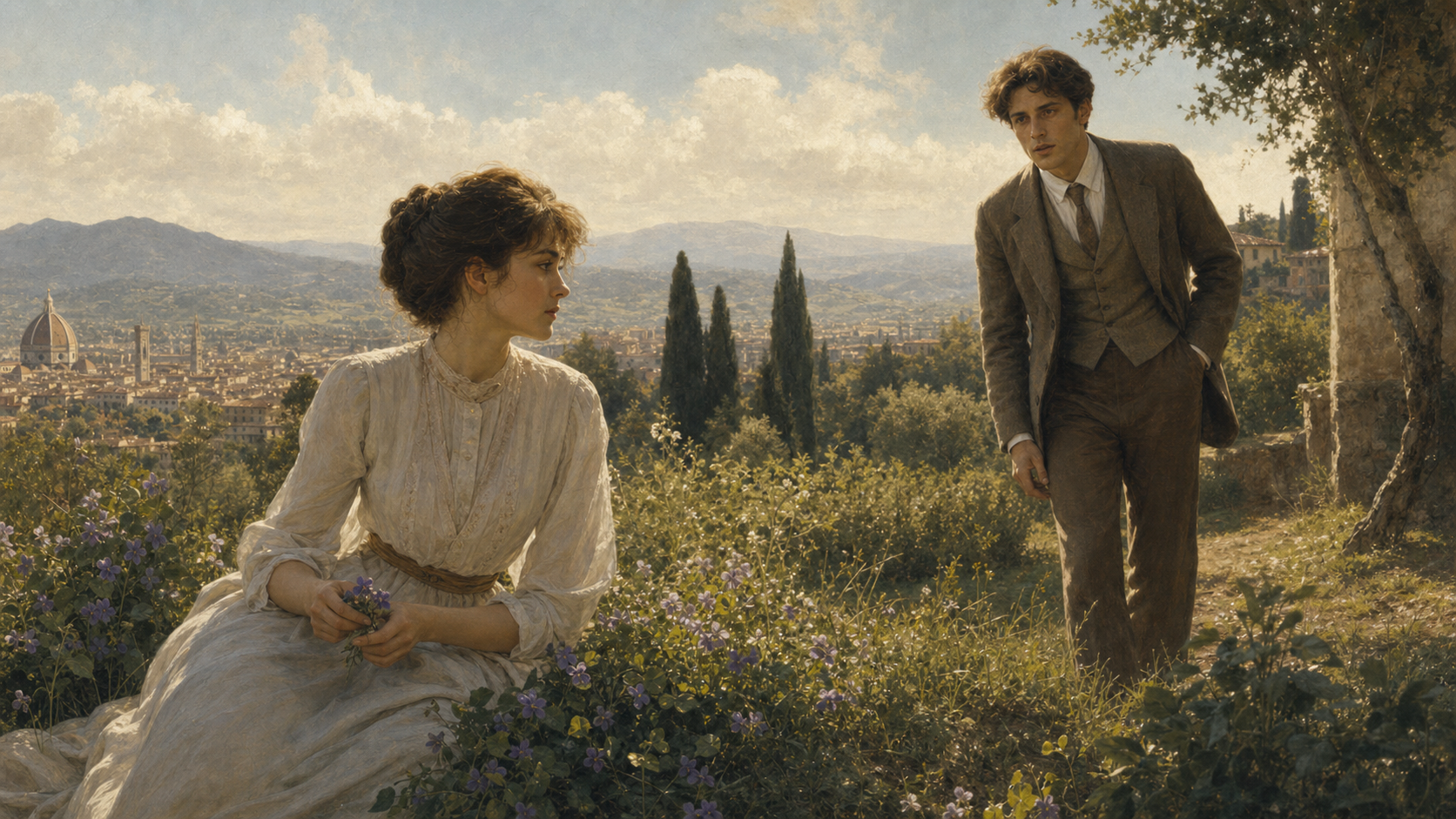 Lucy Honeychurch in a Tuscan field near violets as George Emerson approaches with sudden emotional sincerity
