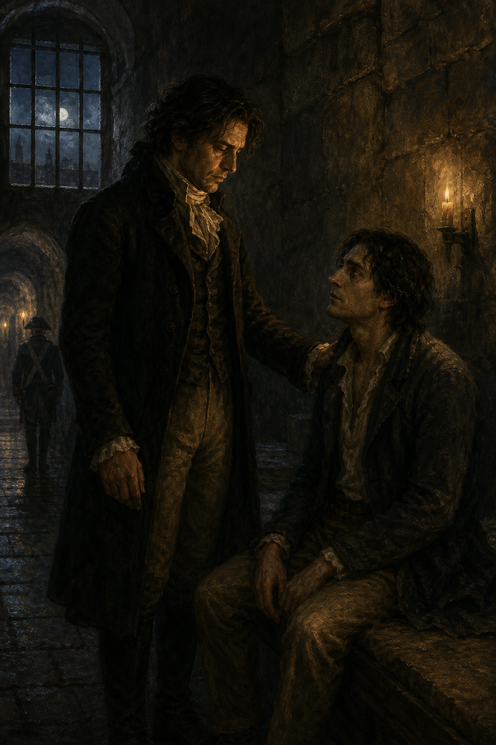 Sydney Carton preparing to exchange places with Charles Darnay as a study-guide image for A Tale of Two Cities