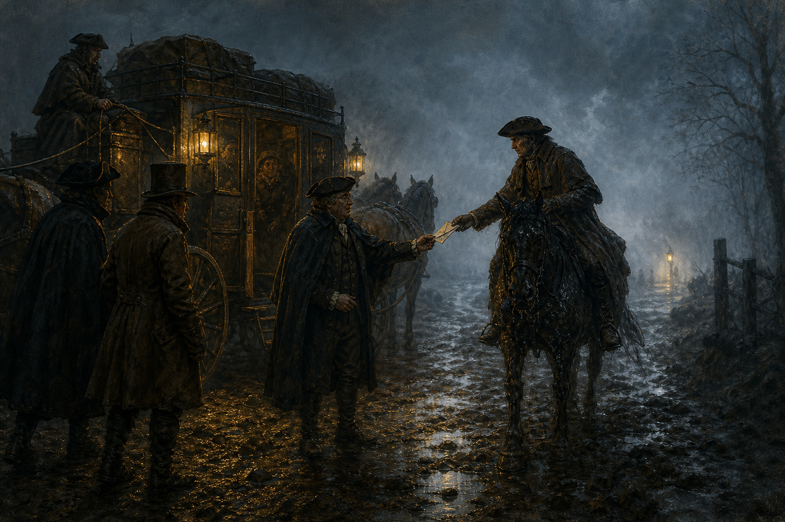 A foggy Dover mail coach at night as a rider delivers a secret message to Jarvis Lorry in A Tale of Two Cities