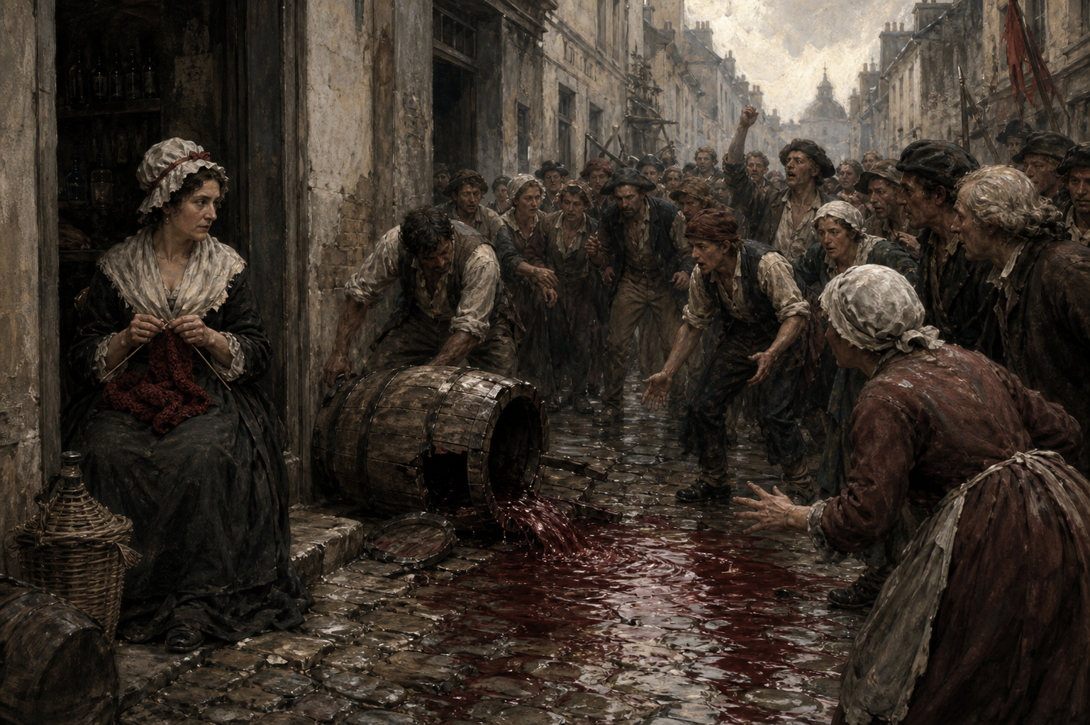 Madame Defarge knitting beside a broken wine cask and hungry crowd in Saint Antoine in A Tale of Two Cities