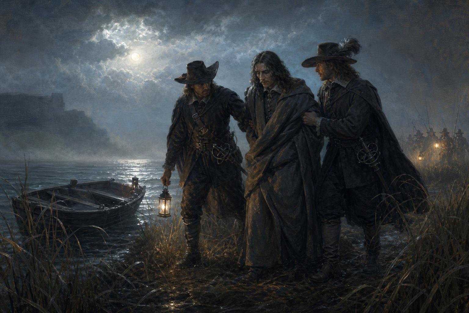 Cloaked swordsmen guiding a tired royal prisoner toward a moonlit skiff during the English chapters of Twenty Years After