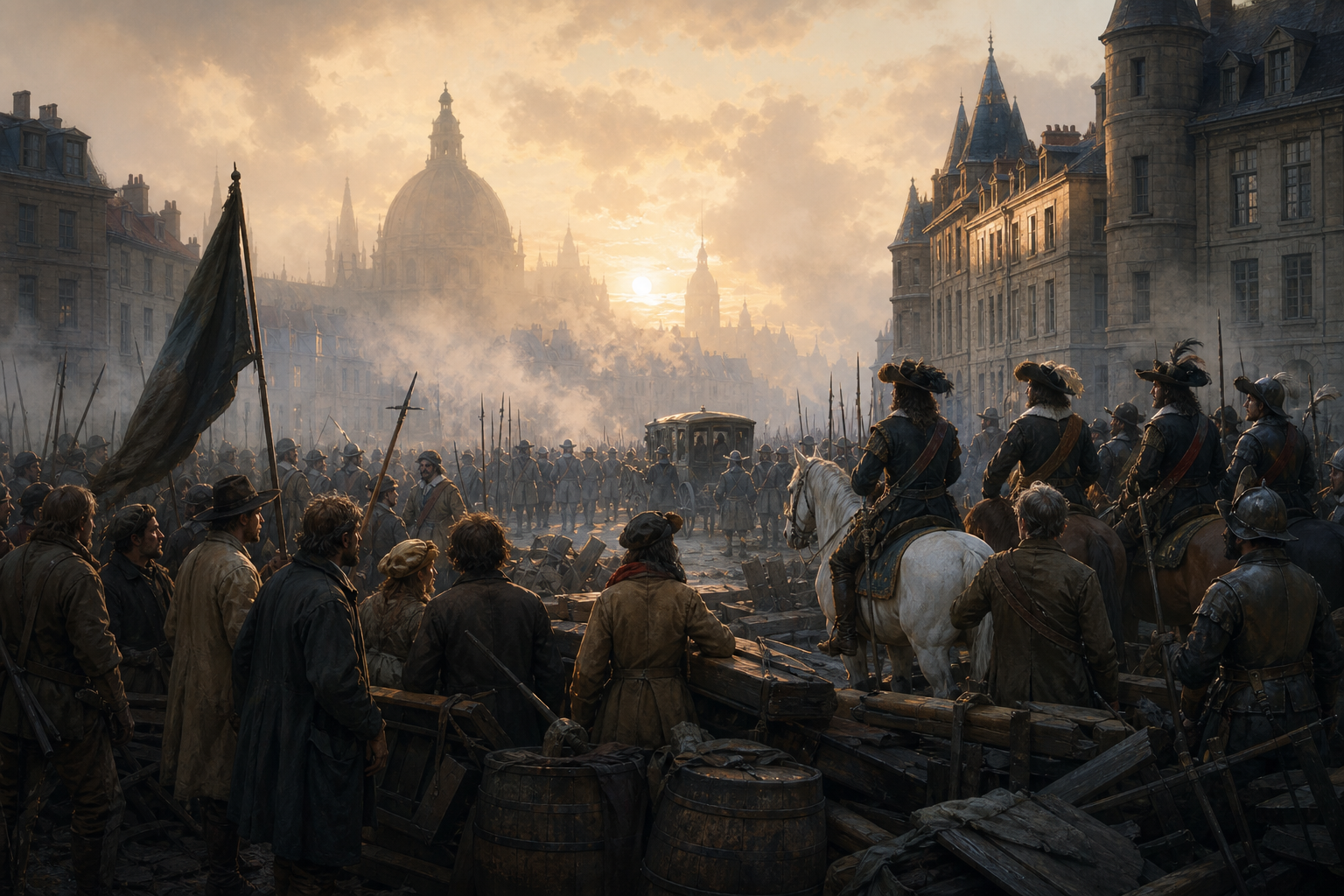 Paris barricades at dawn during the Fronde with guards, citizens, and royal riders in Twenty Years After