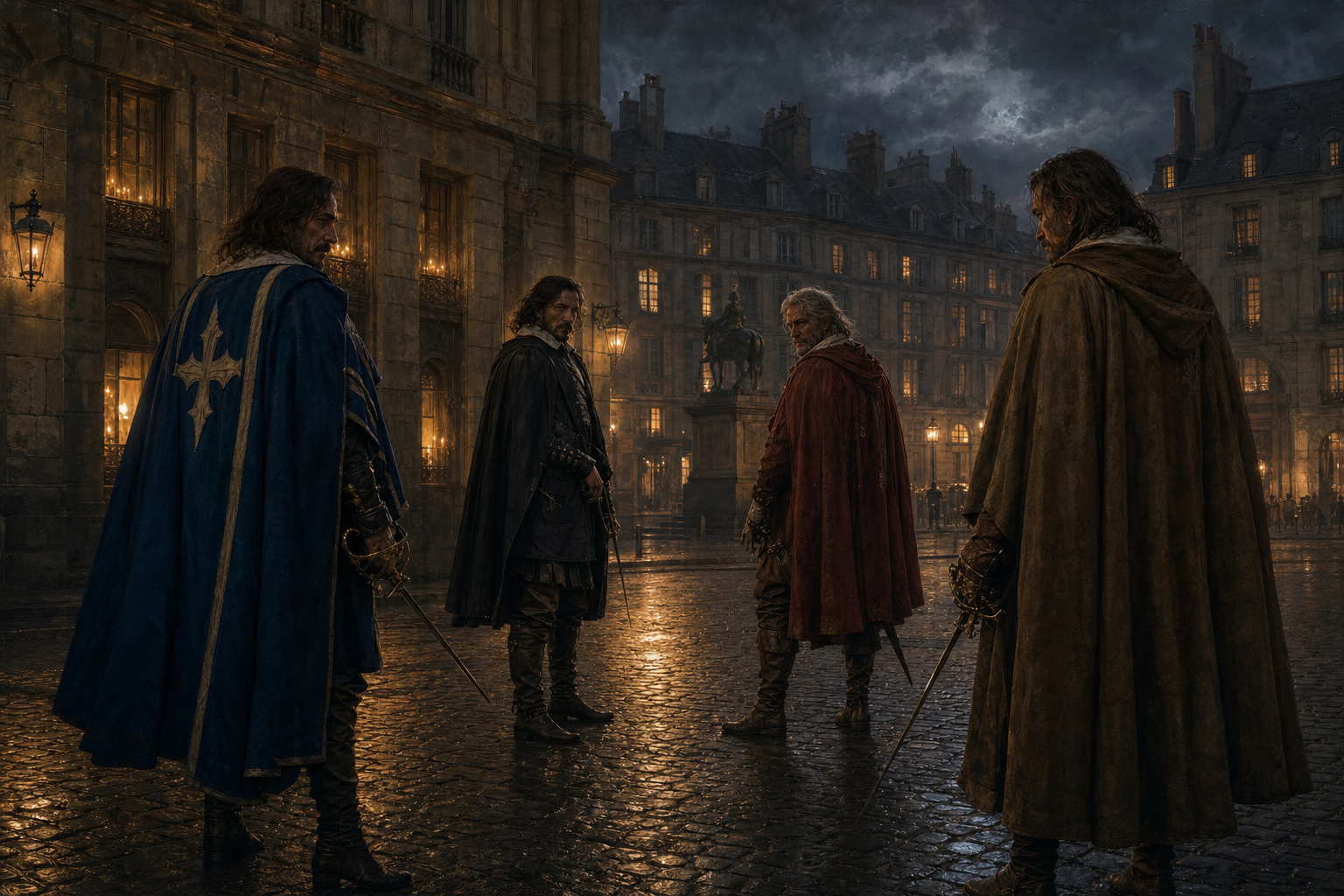 The four older musketeers meeting in a rain-wet Paris square as a study-guide image for Twenty Years After
