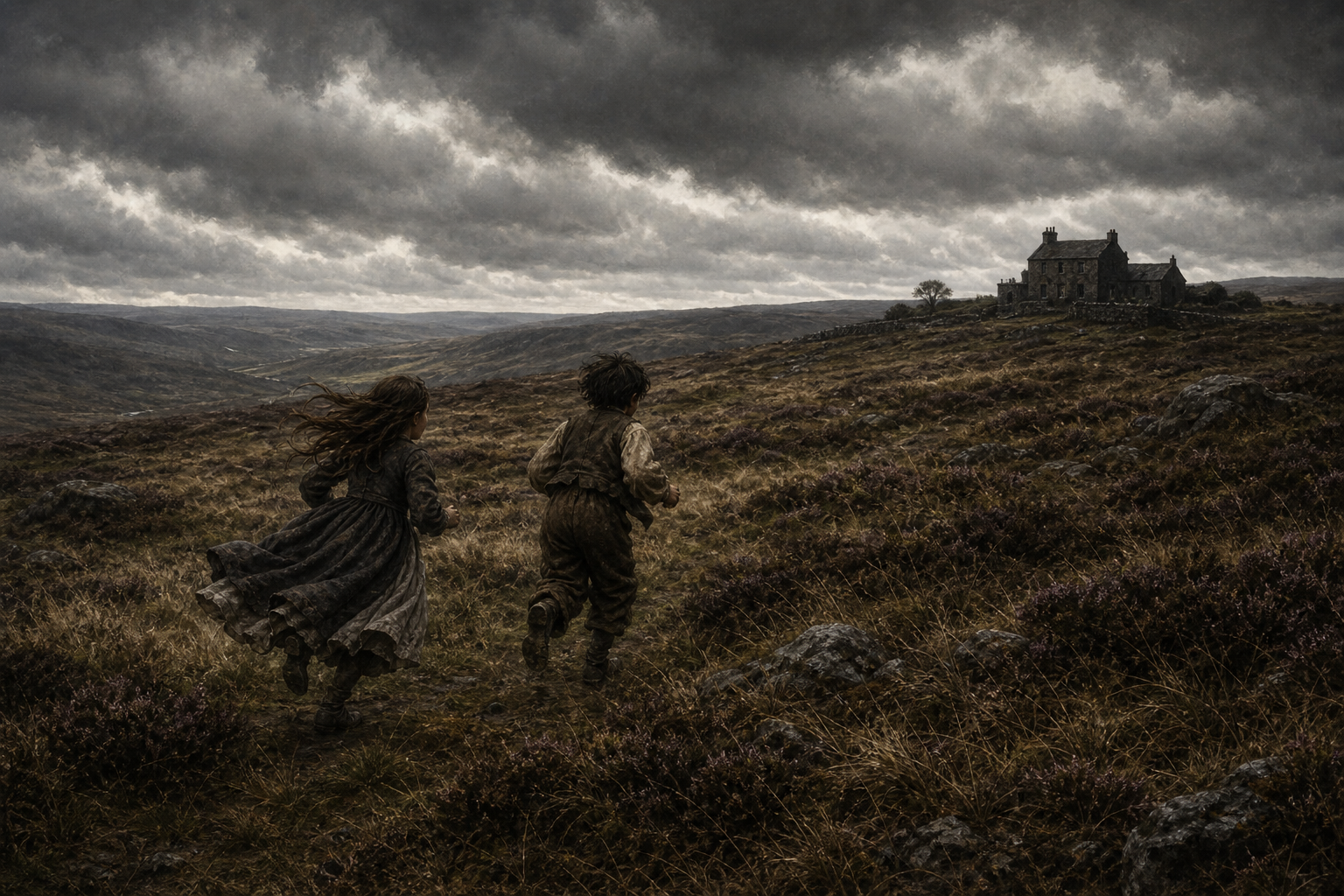 Young Catherine Earnshaw and Heathcliff running across windswept Yorkshire moors toward the distant Wuthering Heights farmhouse
