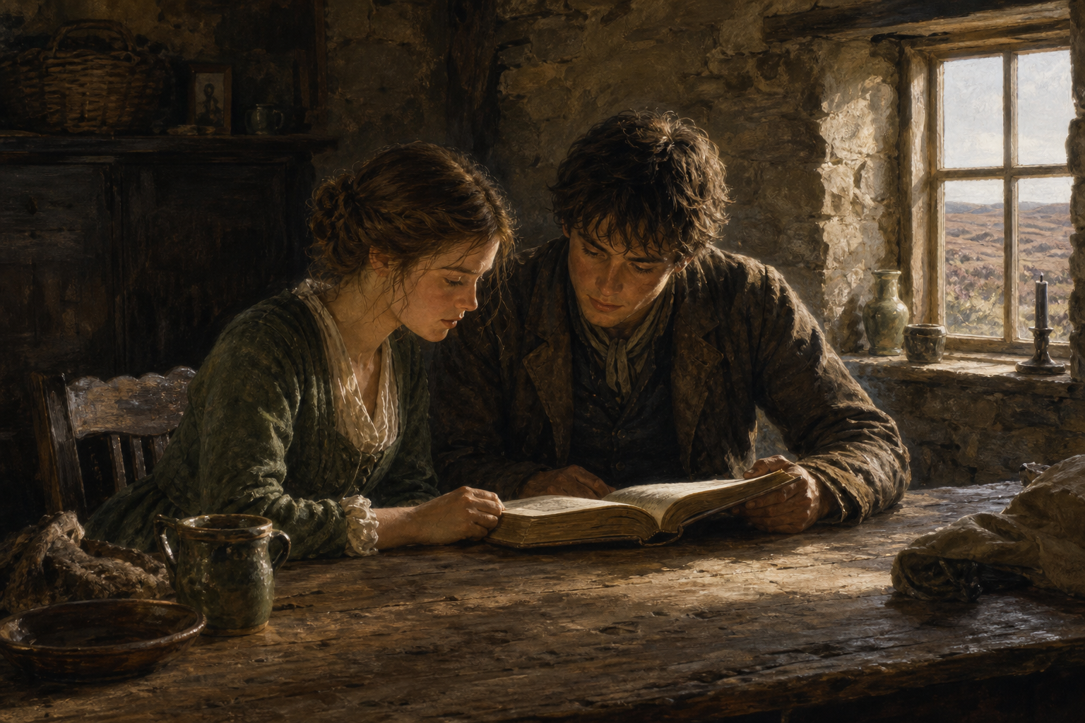 Young Cathy Linton and Hareton Earnshaw reading together in a rough sunlit room at Wuthering Heights after inherited violence begins to soften