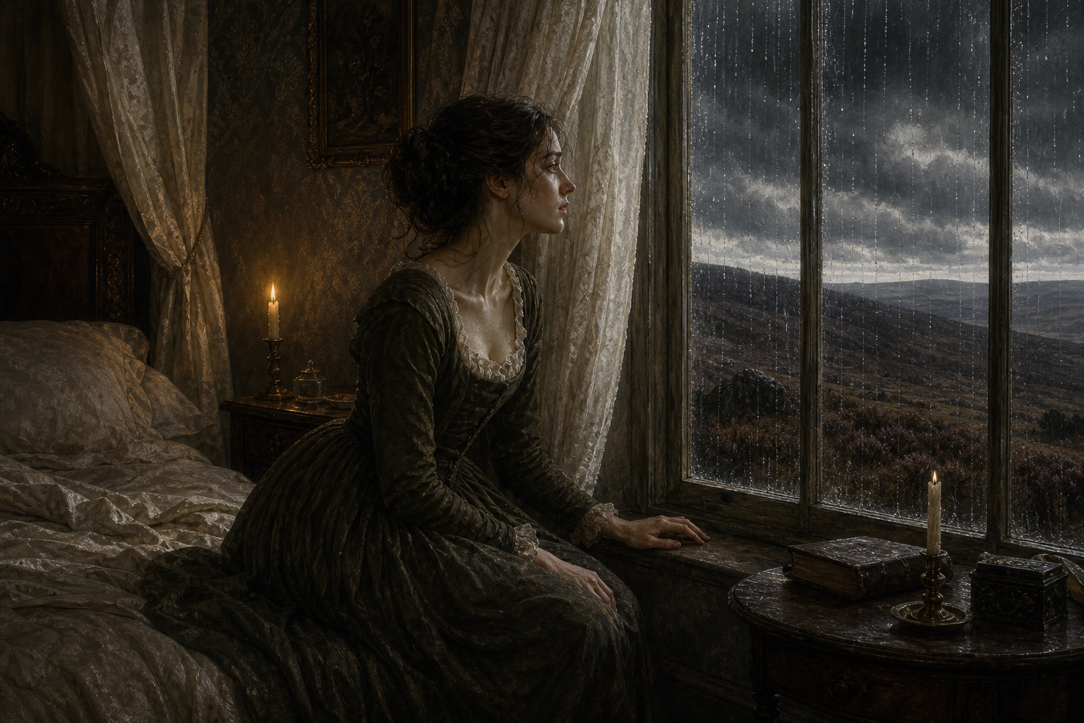 Catherine Earnshaw sitting beside a rain-streaked bedroom window at Thrushcross Grange while the stormy moors stretch outside