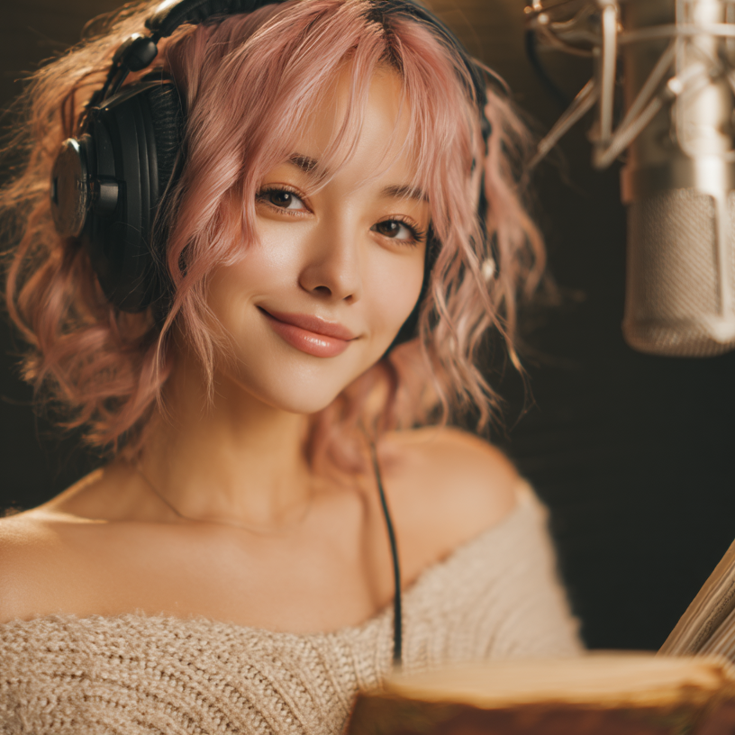 Sua with pink hair and headphones holding a book